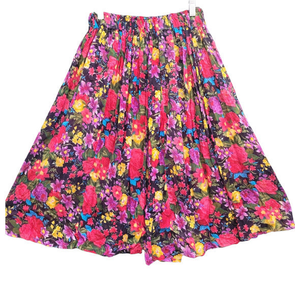 Vintage Red Pink Yellow Floral Sheer Elastic Waist Maxi Circle Skirt - Picture 1 of 7